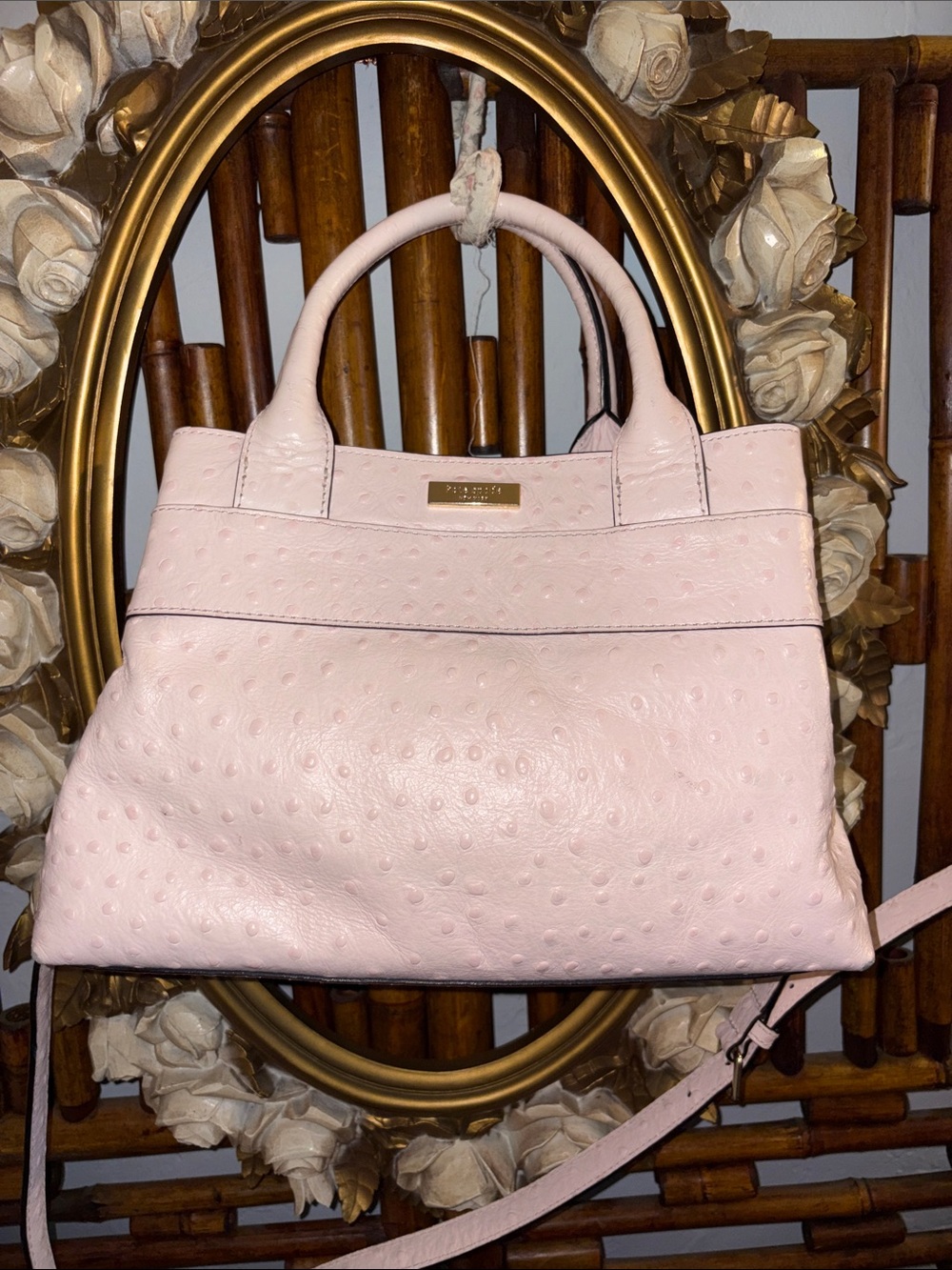 Blush Pink Ostrich-Texture Bow Satchel Handbag - Picture 3 of 10